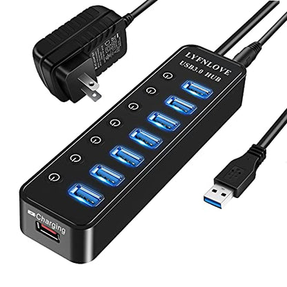 Powered USB Hub 3.0 Extender, Multiple Port Hub Splitter for Laptop PC with Power Adapter and Charging Port, USB Expander with On/Off Switches for MacBook, iMac, Surface Pro