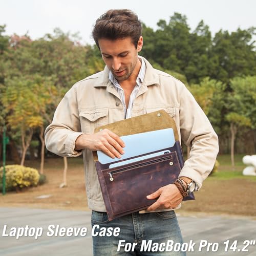 Top Grain Leather 14.2" Laptop Sleeve Bag, Magnet Snap Button Design & 3 Pockets, Compatible with MacBook Pro/Air 14"/13.3"/13.6" 2021 2022 M1 Pro/M1 Max A2442 & Other PC, Coffee 14.2 Inch - color: 【Bag】Magnetic Snap Button & 3 Pockets - Coffee, size: 14.