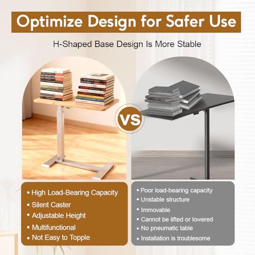Pneumatic Overbed Table with Wheels, Height Adjustable Bedside Table with Ultra-Low Base for Hospital & Home, Rolling Laptop Cart with Beige Finish - color: Beige
