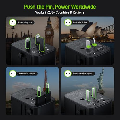 Epicka Pulse Duo 65W Universal Travel Adapter PD/QC 3.0, 2AC/2USB-C/2USB-A | International Power Adapter for EU/US/UK/AU, Fast-Charging for Multi-Device Use, Black - style: Pulse Duo 65W Black