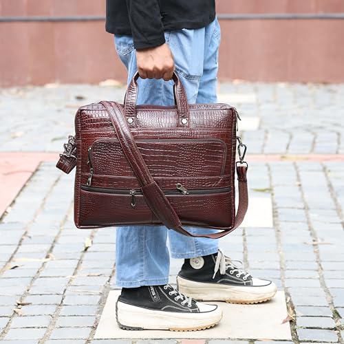 16" Crocodile Embossed Leather Laptop Briefcase, 5 Zipper Pockets, 2 Spacious Compartments, 16x12x4 inches. - color: Dark Brown