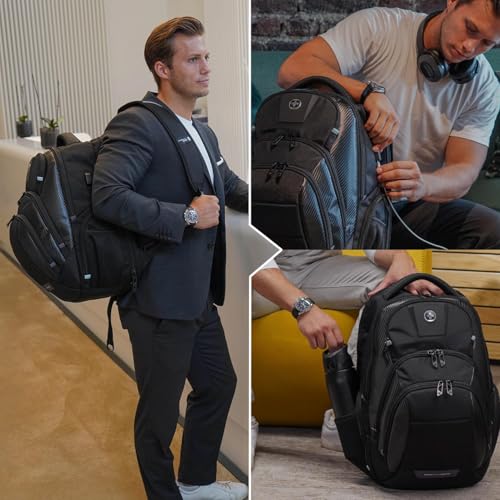 Swissdigital Design TSA Business Laptop Backpack for Men, Large Capacity Travel Backpack with Apple Find My Network and USB Charging Port Tech Backpacks Fits 17 Inch Computer Black| SD1643FB-01 - color: Black 17inch