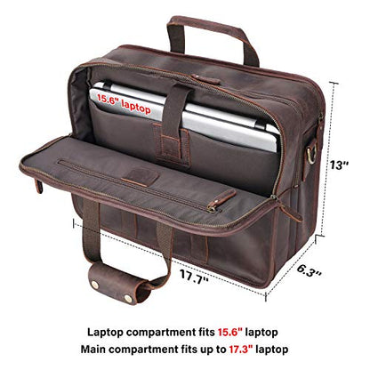 Men's Full Grain Leather Briefcase Large 17 Inch Business Travel Laptop Messenger Bag Tote with YKK Metal Zippers - color: Dark Brown