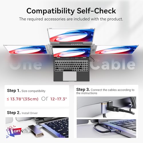 Ladomi 16" Laptop Screen Extender, Quad Screen Laptop Monitor Extender | 1200P FHD, One Cable for 3 Screens, Driver Nedded, Fit for 12"-17.3" Laptop, Compatible with Wins/Mac M1|M2|M3|M4|M5