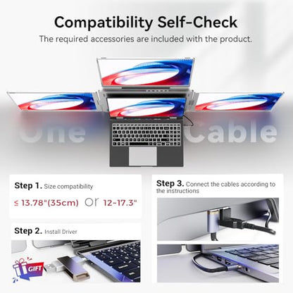Ladomi 16" Laptop Screen Extender, Quad Screen Laptop Monitor Extender | 1200P FHD, One Cable for 3 Screens, Driver Nedded, Fit for 12"-17.3" Laptop, Compatible with Wins/Mac M1|M2|M3|M4|M5