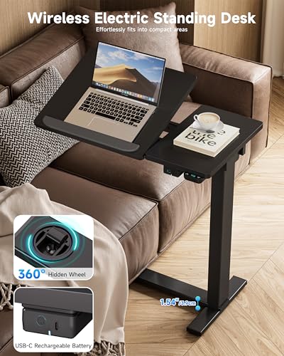 BIZUM Small Electric Standing Desk, Overbed Table Wireless Tilt Top with Hidden Wheels, 27.6×15.8 Inch Adjustable Rolling Laptop Desk, USB-C Rechargeable Battery, Black - color: Black