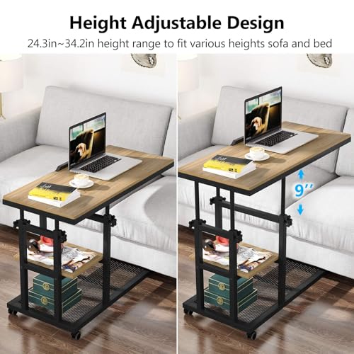 Tribesigns Height Adjustable C Table with Wheels, Mobile Couch Snack Side Table with Tiltable Drawing Board, Sofa Bedside Laptop Stand C Shaped TV Tray with Storage Shelves (Black+Oak) - color: Black+oak