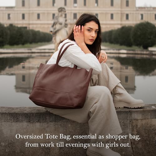 Italian Leather Tote Bag for Women - Large Shoulder Shopper, Fits 16” Laptop, Keychain Holder, Made in Italy - color: Chocolate Brown