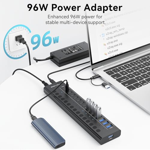 ACASIS 16 Ports Powered USB 3.2 Hub (8 USB-A 3.2 +8 USB-C 3.2), 10Gbps | Individual On/Off Switch for Each Port • Aluminum Housing • Better Heat Dissipation • Plug & Play • 96W Power Adapter - color: Black
