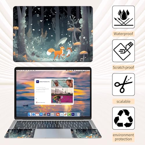 Laptop Skin Sticker 3-Piece Set,Foxes Mushrooms | Trim-to-fit 3-piece vinyl set with one 15 x 10.6 in lid skin and two palm-rest decals for many 12-15.6 in laptops - color: Foxes Mushrooms