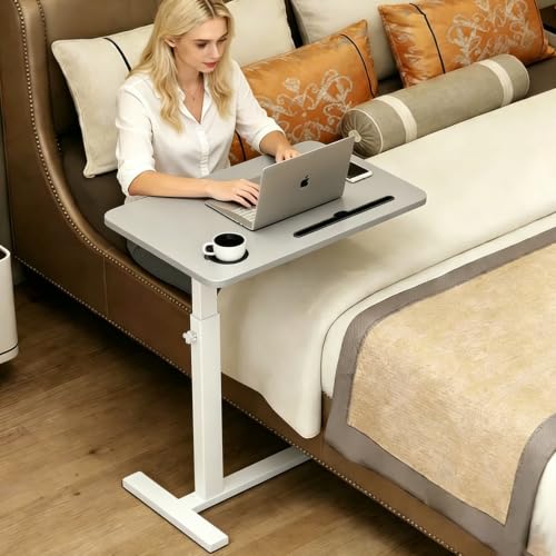 BeGyoku Overbed Table,Over The Bed Table with Hidden Wheels&Cup Holder,Adjustable Bedside Table and Rolling Table Tray&Laptop Cart,Hospital Table Over Bed for Home Use(Gray) - color: Grey