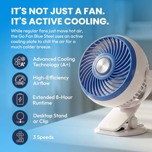 Spark Innovators Go Fan Blue Steel Portable Desk Fan with Cooling Plate, Cordless & Rechargeable – 360° Oscillating with Active Cooling Technology, USB Charging, for Home, Outdoor Camping & Travel