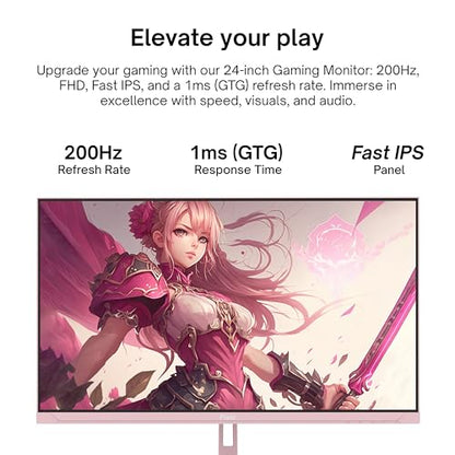 Pixio PX248 Wave Pink 24 inch 200Hz Refresh Rate FHD 1080p Resolution Fast IPS Panel 1ms GTG Response Time Built-in Speakers Gaming Monitor with Adaptive Sync - color: Pink