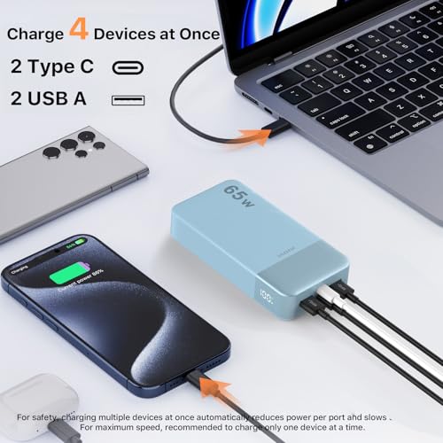 JUOVI Power Bank 65W 20000mAh Laptop Portable Charger | Fast Charging with 4 Ports LED Display External Battery Pack for MacBook Air iPad Tablet iPhone Samsung Steam Deck etc - color: Blue