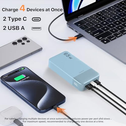 JUOVI Power Bank 65W 20000mAh Laptop Portable Charger | Fast Charging with 4 Ports LED Display External Battery Pack for MacBook Air iPad Tablet iPhone Samsung Steam Deck etc - color: Blue