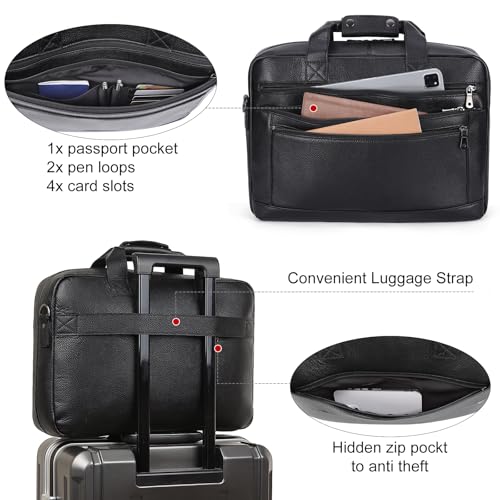 Masa Kawa Men’s Leather Briefcase for 16" Laptop Waterproof Crossbody Shoulder Messenger Bag Business Travel Work Computer Attache Case, Black