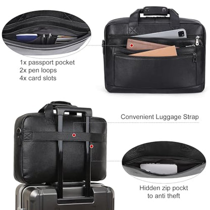 Masa Kawa Men’s Leather Briefcase for 16" Laptop Waterproof Crossbody Shoulder Messenger Bag Business Travel Work Computer Attache Case, Black