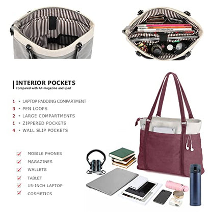 Laptop Tote Bag for Women, 15.6 Inch Work Bag with Laptop Compartment and Zipper, Canvas Computer Tote for Teacher - color: Burgundy