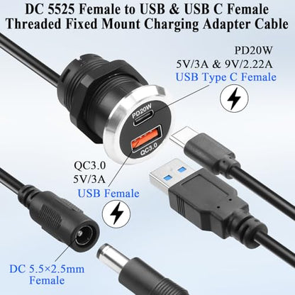 QIANRENON DC 5525 to USB A & USB C Desktop Flush Mount Charging Connector DC 5.5×2.5mm Female to Type A + Type C Female Threaded Fixed Mount Adapter Cable QC3.0 PD20W, for Desk Furniture, 0.9m/2.9ft