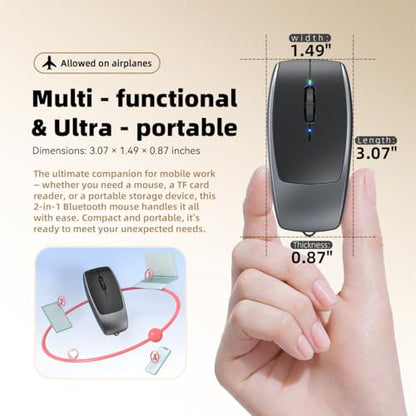 FMOUSE Ultra-Compact 2-in-1 Wireless Bluetooth Mouse & TF Card Reader - Includes 8GB TF Card, 3.07×1.49×0.87in / 30g, USB-C Rechargeable, for MacBook iPad Laptop Chromebook, Travel Business, Grey - color: Grey / With 8GB TF Card