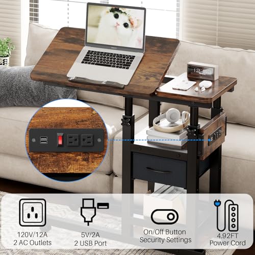 Adjustable Overbed Bedside Table with Wheels, Charging Station | Tilting Top, Adjustable Side Table, 2-Tier Storage with Drawer, Over Bed Table, C-Shaped End Table for Beds, Couch - color: Brown