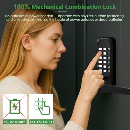 High-Security 12 Digit Keypad Mechanical Door Lock - Keyless Entry, Code Combination Lock with Handle, Waterproof & Rustproof, No Battery, Easy to Install, BH-MDLS0030202 - color: Matte Black - Square
