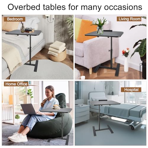 Simcat Height Adjustable Overbed Bedside Table with Wheels, Rolling Mobile Laptop Computer Standing Desk Cart with Tray Hospital/Home Use (Black Frame)