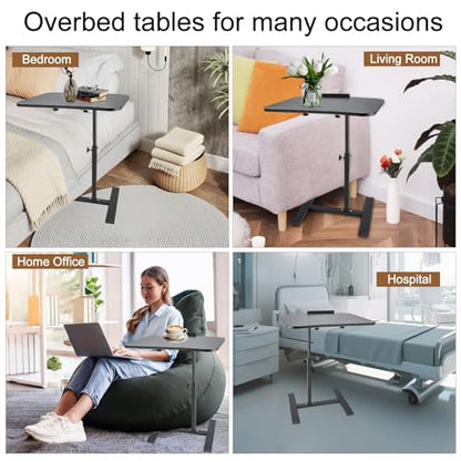 Simcat Height Adjustable Overbed Bedside Table with Wheels, Rolling Mobile Laptop Computer Standing Desk Cart with Tray Hospital/Home Use (Black Frame)