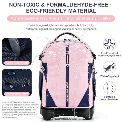 NEW TILAMI 18 Inch Expandable Rolling Backpack Stair-Climbing for School | 6-Wheel Stair-Climbing Girls Boys Carry-on Suitcase 15.6 Laptop Sleeve Water-Resistant Adjustable Handle Wheel Travel Camping - color: Pink