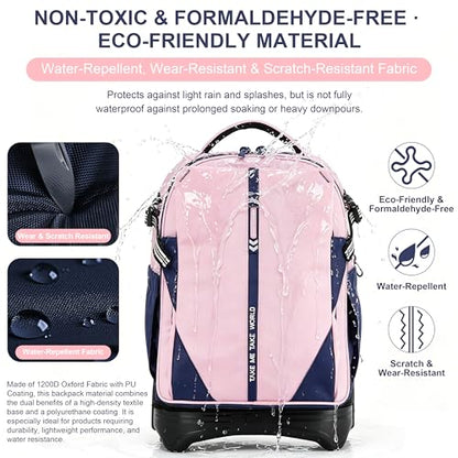 NEW TILAMI 18 Inch Expandable Rolling Backpack Stair-Climbing for School | 6-Wheel Stair-Climbing Girls Boys Carry-on Suitcase 15.6 Laptop Sleeve Water-Resistant Adjustable Handle Wheel Travel Camping - color: Pink