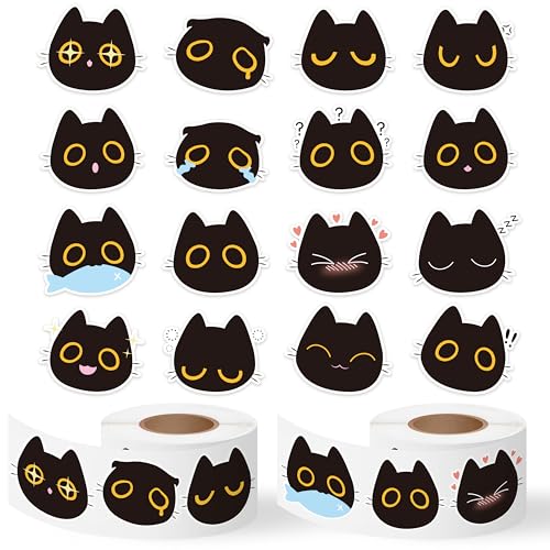 Black Cat Stickers Rolls - 1000 Pcs Black Cat Head Memes Waterproof Vinyl Reusable Laptop Stickers Coloring Book Scrapbook Water Bottle Page Activity Pad Birthday Party Favors Gift Skateboard - style: Black Cat Head Memes