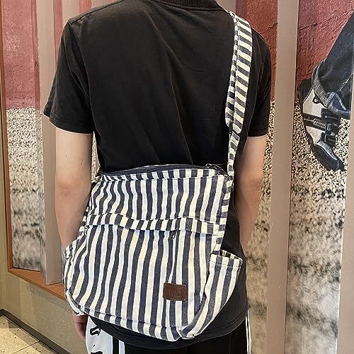 Large Canvas Messenger Bag with Multiple Pockets for Men and Women, Crossbody Shoulder Tote Hobo Laptop Bag - color: 92 - Blue Line