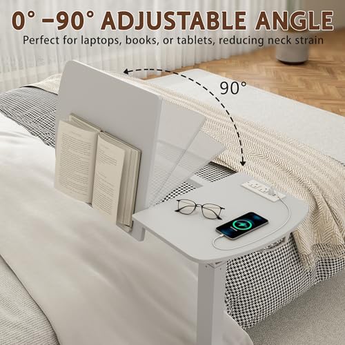 6 In 1 Overbed Table, 32'' Long Hospital Bed Table,Bedside Table (White) | 32'' Length, 0- 90°Adjustable Tilt, Standing Desk Charging Station, Cup Holder, Hook, 30''-43'' Height Home Hospital Office - color: White