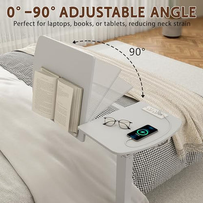 6 In 1 Overbed Table, 32'' Long Hospital Bed Table,Bedside Table (White) | 32'' Length, 0- 90°Adjustable Tilt, Standing Desk Charging Station, Cup Holder, Hook, 30''-43'' Height Home Hospital Office - color: White