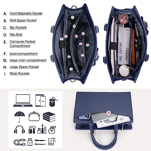 RAINSMORE Laptop Bag for Women 15.6 Inch PU Tote Bag Business Office Work Bag Waterproof Briefcase Computer Tote Lightweight Handbag Shoulder, Blue - color: Blue