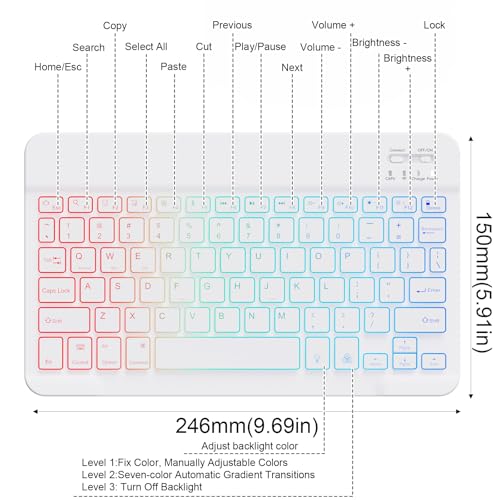 Lightup Wireless Bluetooth Keyboard for iPad Air/Pro/Mini, iPad A17, A16, M2, M3, M4, M5, MacBook, Chromebook etc. Rechargeable Slim Portable, IOS Windows Android Lighting Tablets Keyboard - Black - color: White