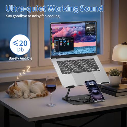 Laptop Cooling Pad with Detachable Fan & Cooler, 2-in-1 Laptop & Phone Stand, Adjustable Angle, 360° Rotatable Base, Carbon Steel, Ultra-Quiet & Super Sturdy for Laptop (Black) - color: Black