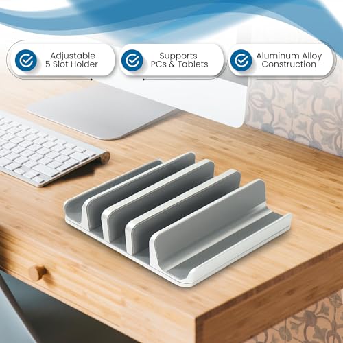 Elestoria 5- Slot Vertical Laptop Stand - Aluminum Laptop Stand Vertical for Desk - Fits MacBook Pro/Air, Surface, Mobiles & Gaming Laptops up to 17.3" - Heavy Duty Laptop Holder for Desk - (Silver) - color: Silver