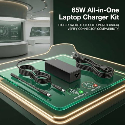 65W Laptop Charger Compatible with Dell Inspiron Latitude, 4.5mm/7.4mm | 65W Adapter with 4.5mm & 7.4mm Dual Tips. Compatible with Dell Inspiron, Latitude & Vostro. 9FT Cord, Supports 45W.