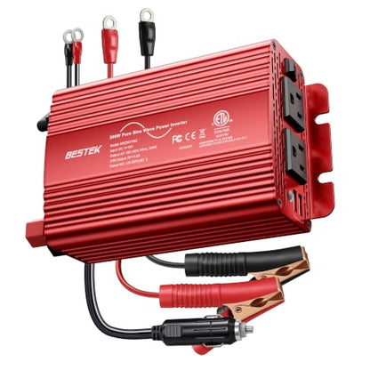 BESTEK 300Watt Pure Sine Wave Power Inverter - DC 12V to AC 110V Car Plug Inverter Adapter, Power Converter with 4.8A Dual USB Charging Ports and 2 AC Outlets Car Charger