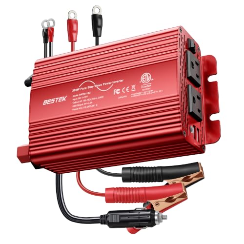 BESTEK 300Watt Pure Sine Wave Power Inverter - DC 12V to AC 110V Car Plug Inverter Adapter, Power Converter with 4.8A Dual USB Charging Ports and 2 AC Outlets Car Charger