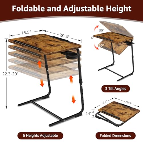 Folding TV Tray Adjustable Dinner - Trays for Eating On Couch Wooden Tables Mate Stand Foldable Desk with Cup Holder Portable - color: Rustic