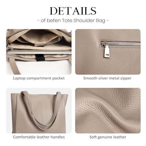 befen Genuine Leather Tote Bag for Women Work Travel Leather Purse Handbags | Real Leather, Padded 14" Laptop Compartment, Multi-Pockets, Zipper, Tote Bag for Daily - color: Taupe