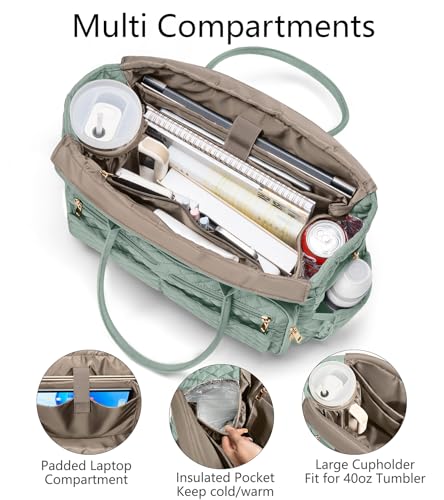Bagstellar Teacher Tote Bag for Women, 15.6" Laptop Work Tote Computer Bag | Quilted Bible Nurse Bag with 40oz Cup Holder, Insulated Pocket & Strap, Large Laptop Briefcase for School Travel Office Gifts - color: Sage Green