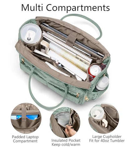 Bagstellar Teacher Tote Bag for Women, 15.6" Laptop Work Tote Computer Bag | Quilted Bible Nurse Bag with 40oz Cup Holder, Insulated Pocket & Strap, Large Laptop Briefcase for School Travel Office Gifts - color: Sage Green