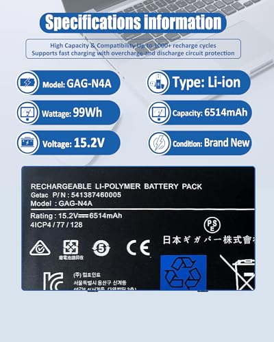 99Wh GAG-N4A Battery for Gigabyte Aorus 15 XE5 15X ASF 17 XE4 17X AZF, Aorus 15G KB KC XB XC WB YB YC, Aorus 15P XC XD YD, Aorus 17G YD 17H, Aero 15 OLED XD, Aero 16 XE5 Series - size: 11.02*2.99*0.27 inch GAG-N4A