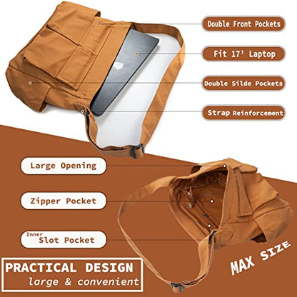 Canvas Messenger Bag Large Hobo Crossbody Bag with Multiple Pockets Casual Shoulder Tote Bag for Women and Men - color: Brown