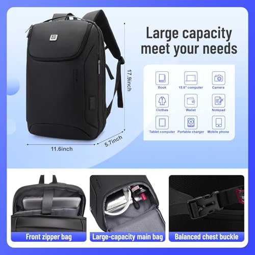 JODEBES 15.6 Inch Business Work Backpack with TSA Lock, Black | Water-resistant Laptop Backpack with USB Charging Port, Travel Carry On Bag for Men Women, Large Opening, Luggage Strap - color: 20193-black