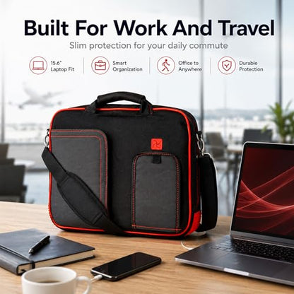 15.6 Inch Laptop Briefcase Shoulder Bag, Water Resistant Nylon Messenger Bag, Padded Compartment, Trolley Strap - color: Red