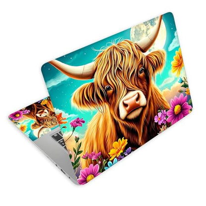 Universal Laptop Skin Decal, 3-Piece Vinyl Protector for 12 13 14 15.6" Notebook, Waterproof Anti-Scratch, Easy Trim & Bubble-Free Finish, Cute Highland Cow Flowers - color: Cute Highland Cow Flowers